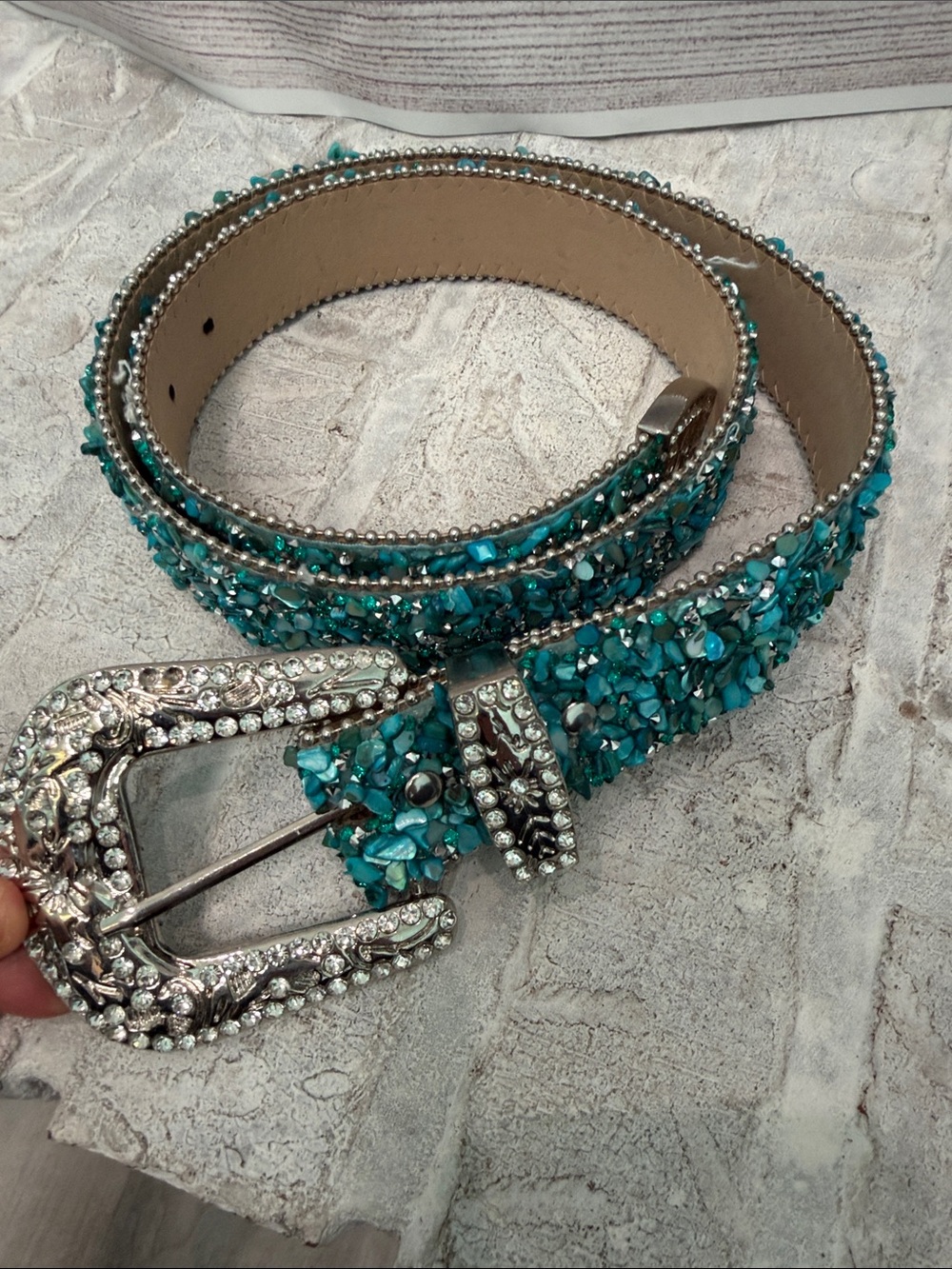 Buckle Teal Crystal Belt with Rhinestone Buckle